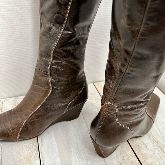 Tellenzi Womens Sz (37) 6 Wedge Heel Brown Leather Knee Boots Boho Witchy Strega - Picture 15 of 16